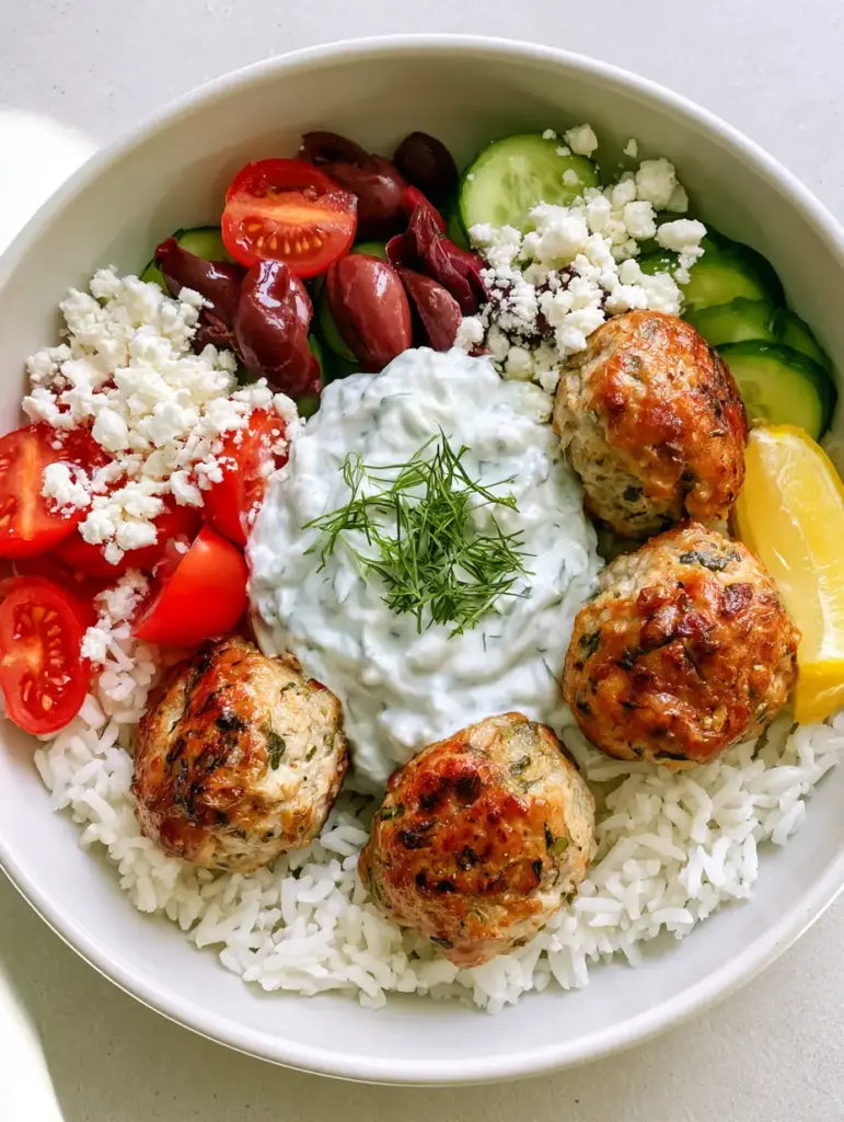 Overhead view of a Greek Turkey Meatball Bowl featuring kalamata olives, feta, and fresh dill garnish.
